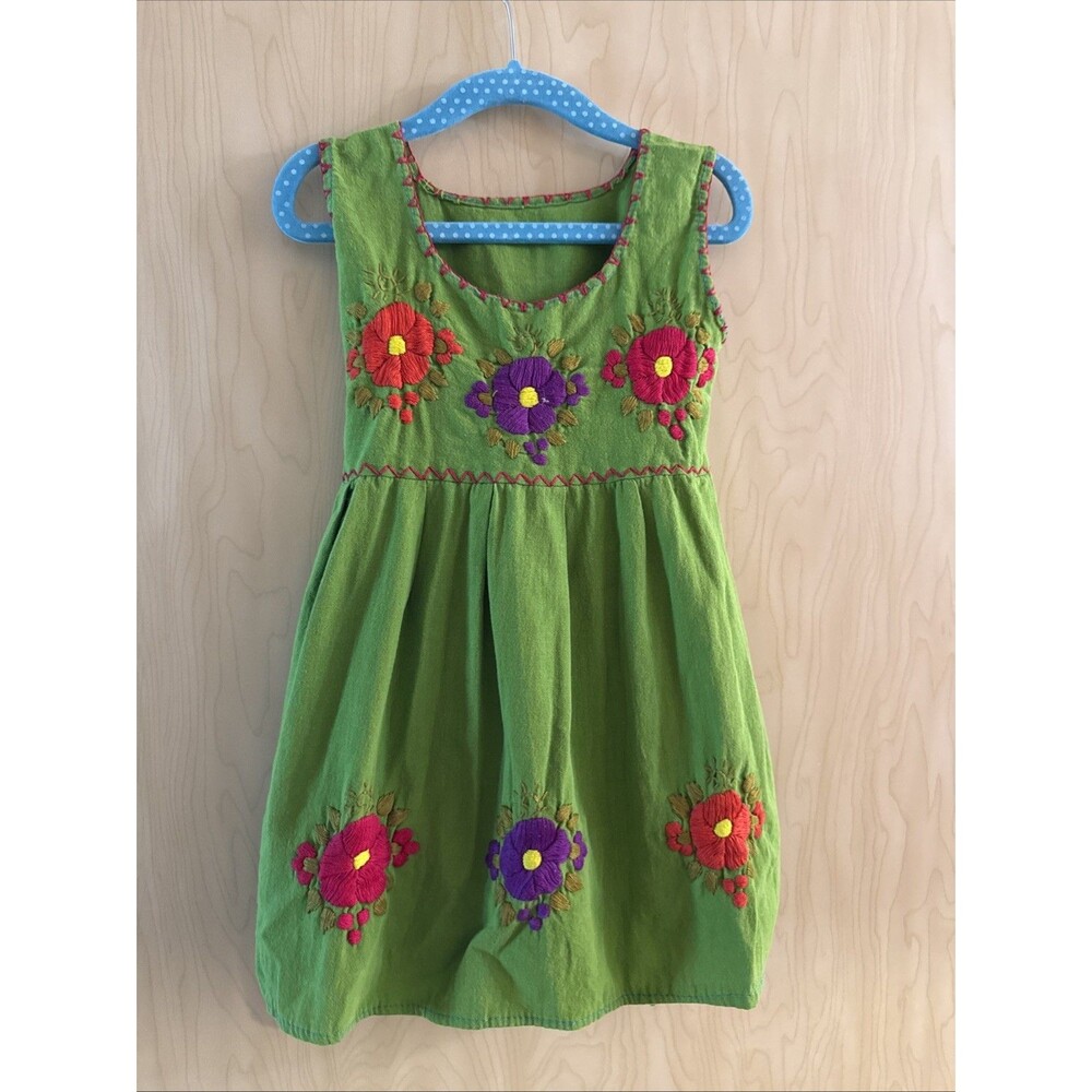 Mexican Dress Girls Floral Manta Hand-Embroidered Green Size 4